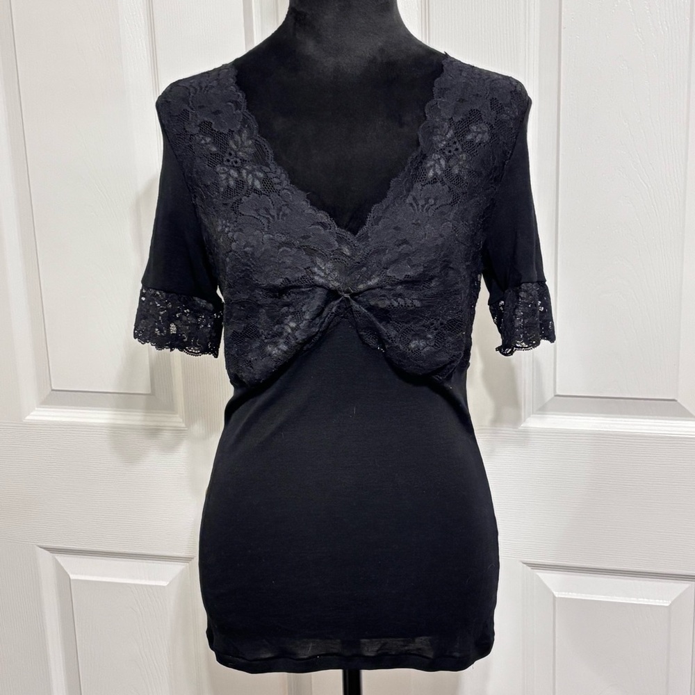 Vintage Hanro of Switzerland Wool Silk Black Lace Y2K Short Sleeve Top Size M